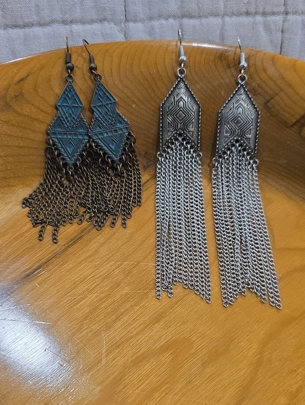 Silver And Brass Tone Tassel Dangle Earrings - Geometric Boho Style